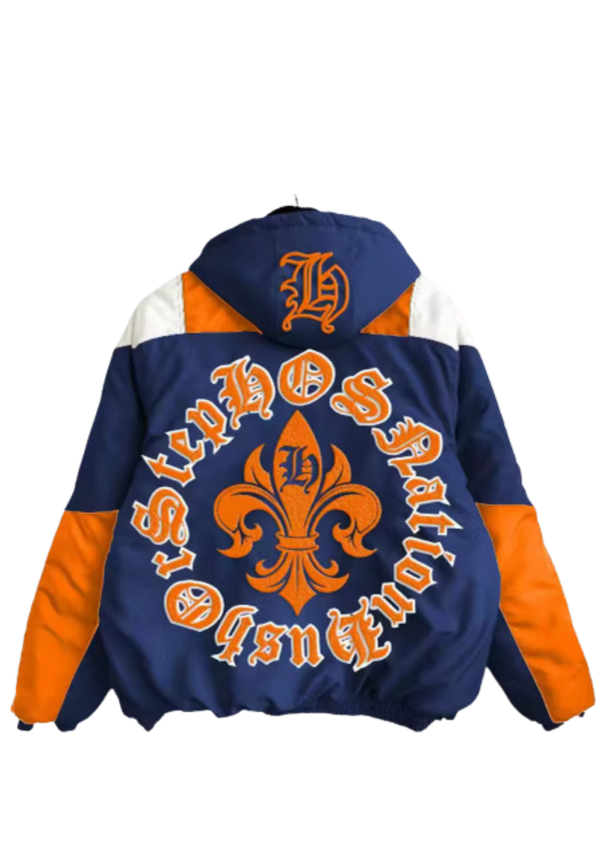 Navy and orange jacket with 'Stephos' and 'Fleur de Lis' design on a white background