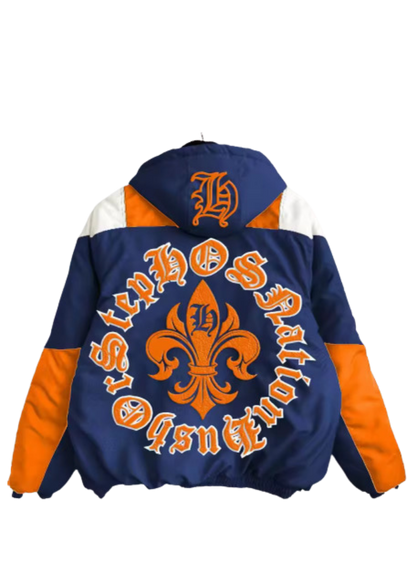 Navy and orange jacket with 'Stephos' and 'Fleur de Lis' design on a white background