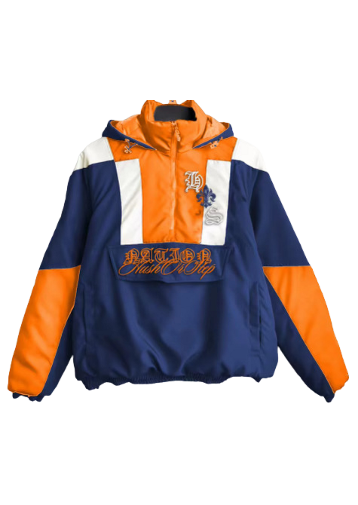 Navy and orange jacket with brand logo on a white background