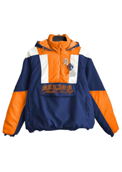 Navy and orange jacket with brand logo on a white background