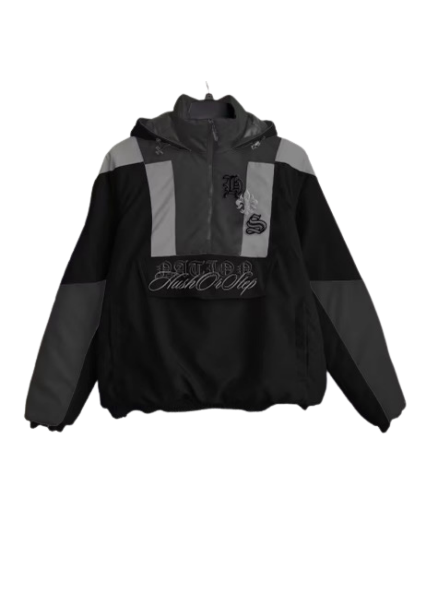 Black and gray jacket with brand logo on a white background