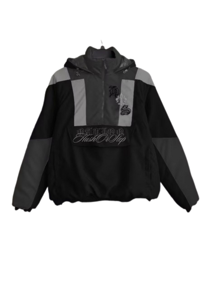 Black and gray jacket with brand logo on a white background