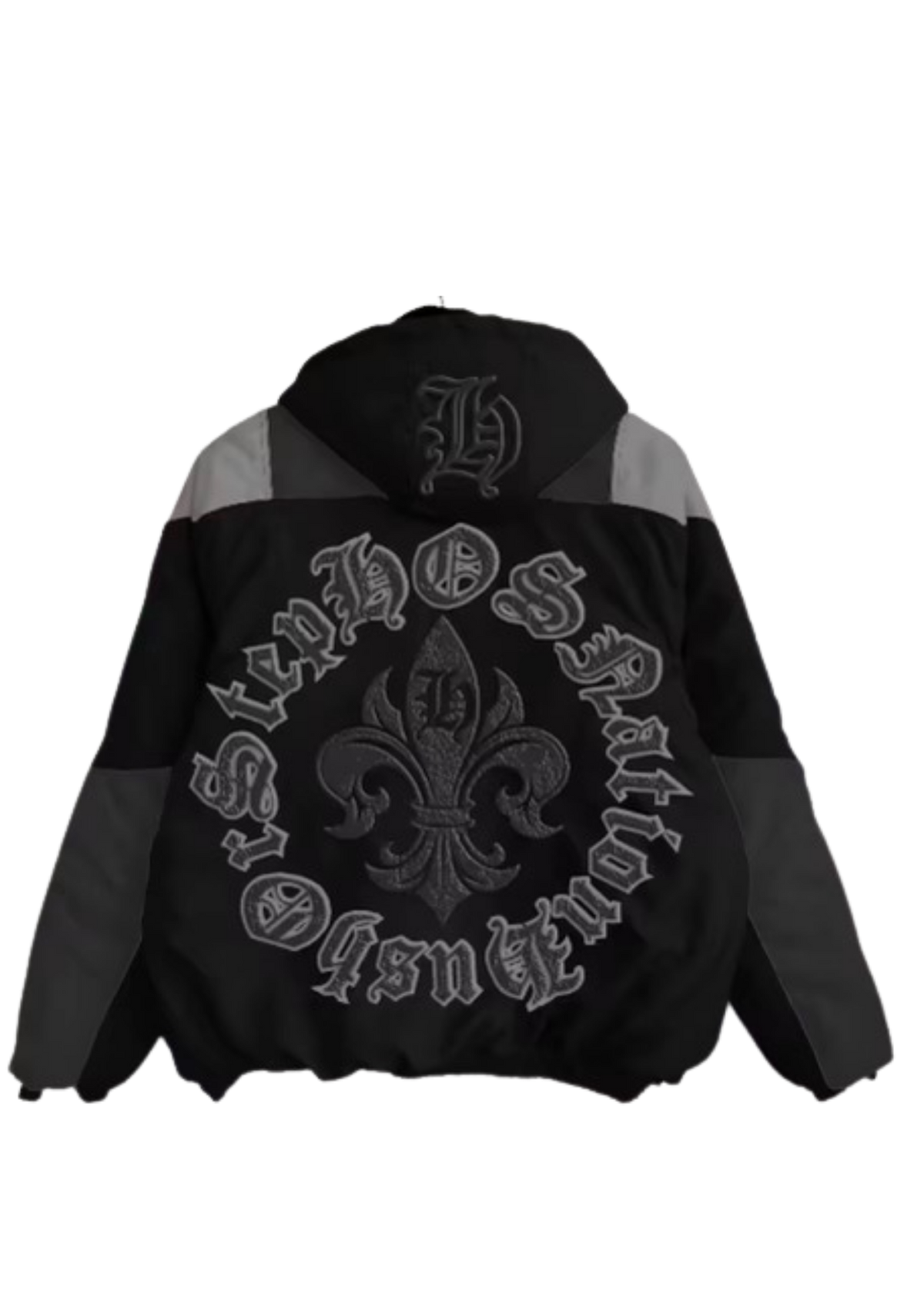 Black jacket with gray accents and embroidered designs on a white background