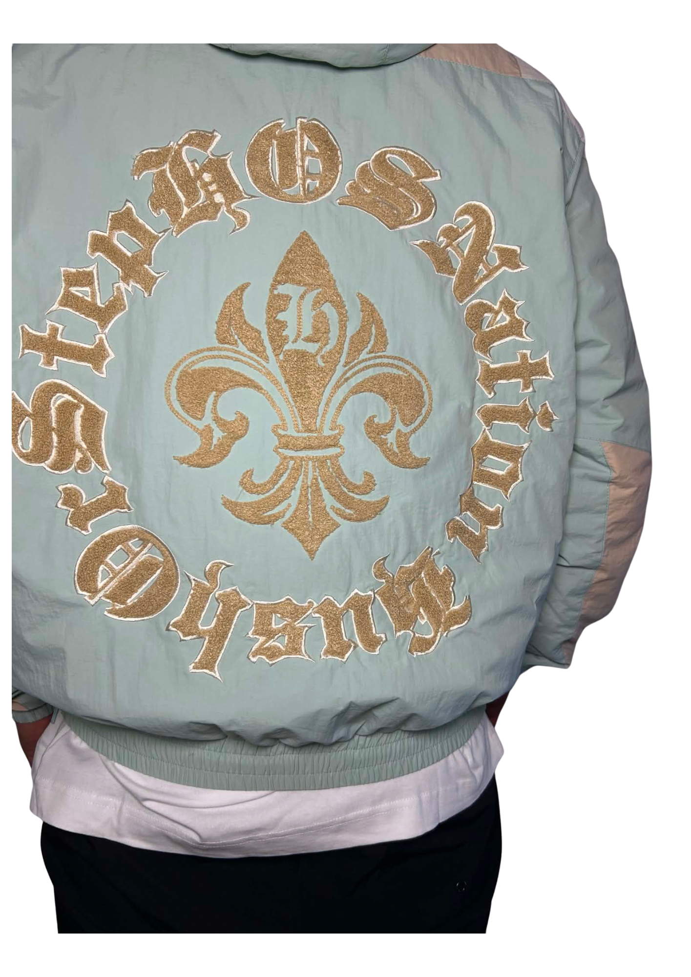 Light blue bomber jacket with gold embroidery on a white background